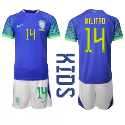 Fotballdrakt Barn Brasil Eder Militao #14 Bortedraktsett VM 2022 Kortermet (+ Korte bukser)